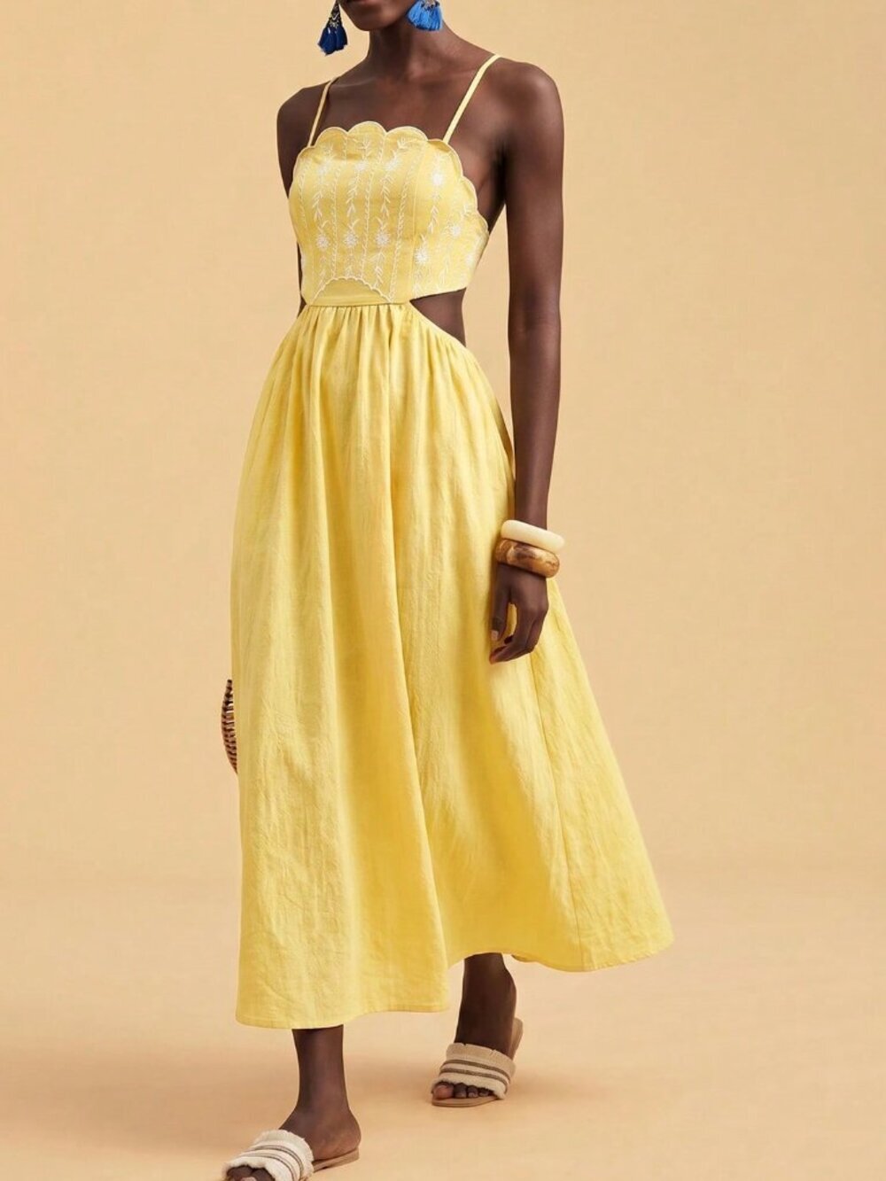Light Yellow Boho Women's Floral Embroidered Backless Vacation Camisole Dress